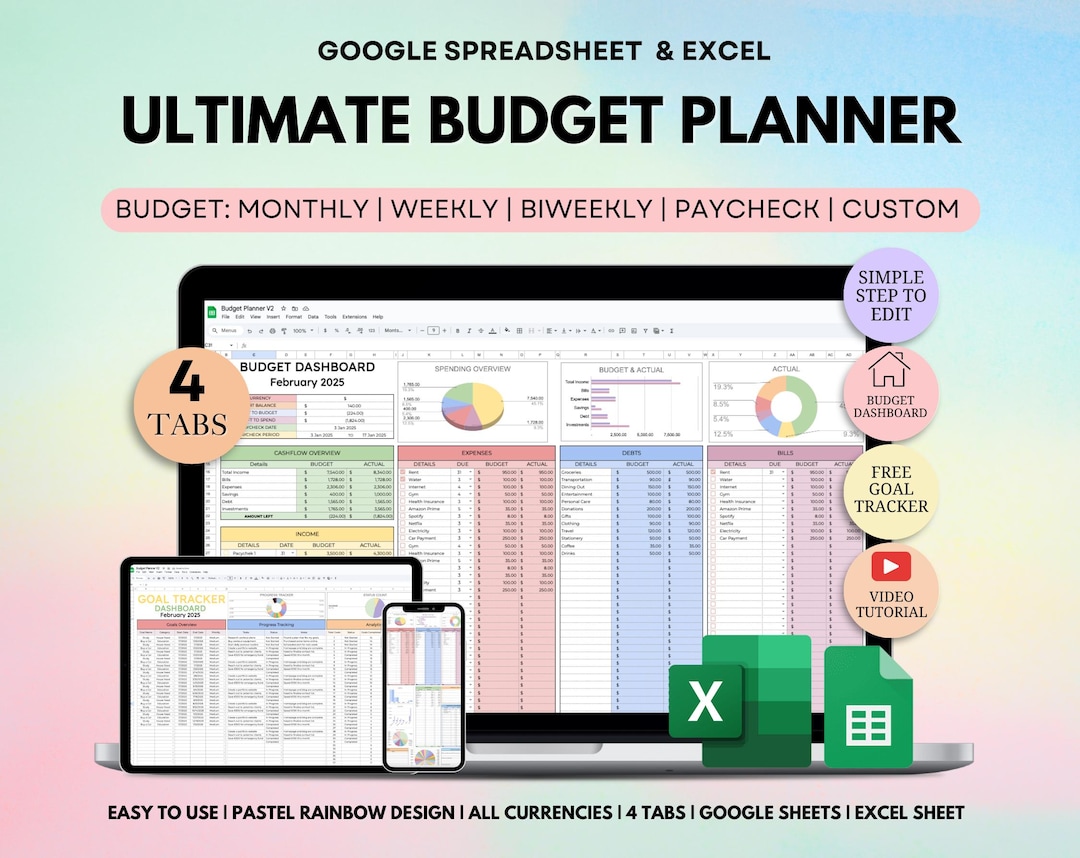 Ultimate Budget Planner for Google Sheet & Excel, Monthly Budget ...