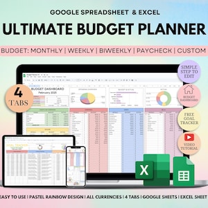 May include: A computer screen displaying a Google Spreadsheet and Excel budget planner template. The template has four tabs: Budget Dashboard, Income & Expenses, Budget & Actual, and Goal Tracker. The template is designed with a pastel rainbow color scheme and includes a video tutorial.