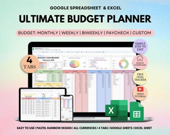 Ultimate Budget Planner for Google Sheet & Excel, Monthly Budget Spreadsheet, Weekly Biweekly Paycheck Budget Planner, Financial Planner
