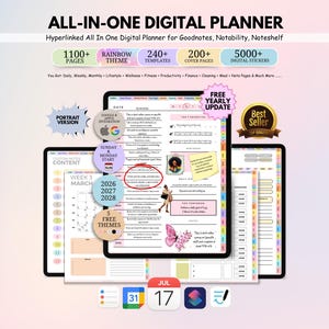 May include: Digital planner with a rainbow theme, featuring over 1100 pages, 240 templates, and 5000 digital stickers. The planner includes daily, weekly, and monthly sections, with a portrait version available. Designed for Goodnotes, Notability, and Noteshelf.