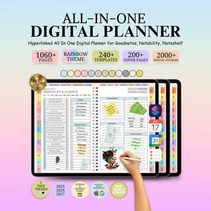 May include: A digital planner displayed on three tablets, featuring a rainbow theme and the text "ALL-IN-ONE DIGITAL PLANNER." The planner includes 1060+ pages, 240+ templates, 200+ cover pages, and 2000+ digital stickers. The image also shows a hand using a stylus.