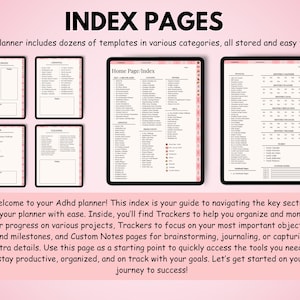 May include: Digital planner index pages with the title "INDEX PAGES" at the top. The planner includes templates in various categories. The text "Welcome to your Adhd planner!" is at the bottom of the image.
