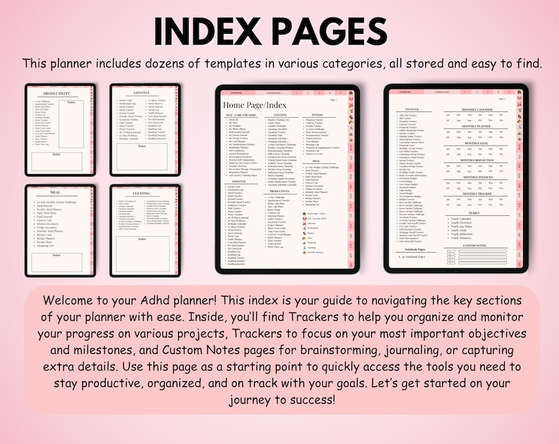 May include: Digital planner index pages with the title "INDEX PAGES" at the top. The planner includes templates in various categories. The text "Welcome to your Adhd planner!" is at the bottom of the image.