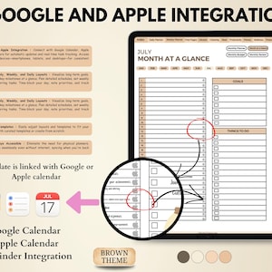 K&ouml;nnte beinhalten: Digitaler Planer im Braun-Design mit Google- und Apple-Integration. Der Tablet-Bildschirm zeigt ein monatliches Juli-Layout mit Abschnitten f&uuml;r Ziele und Aufgaben. Der Text "Google and Apple Integration" und "Google Kalender, Apple Kalender, Erinnerungs-Integration" ist enthalten.