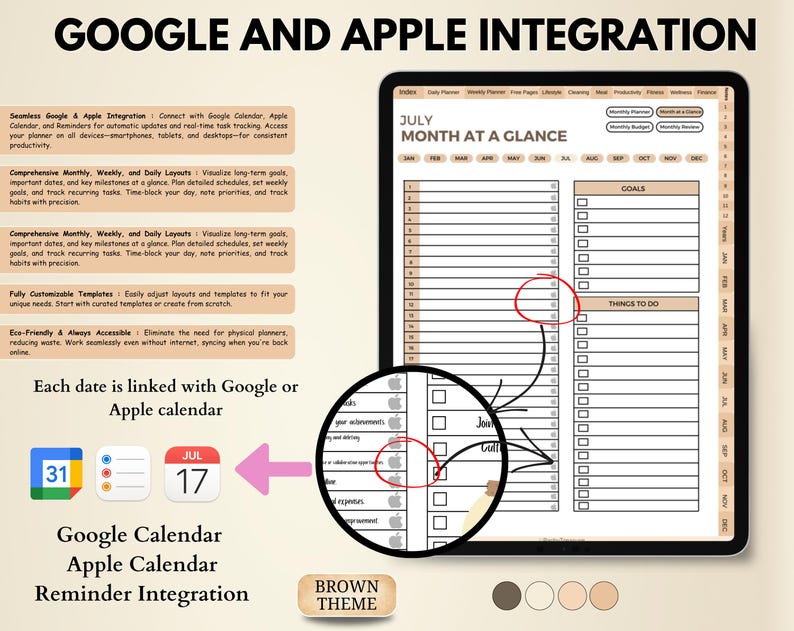K&ouml;nnte beinhalten: Digitaler Planer im Braun-Design mit Google- und Apple-Integration. Der Tablet-Bildschirm zeigt ein monatliches Juli-Layout mit Abschnitten f&uuml;r Ziele und Aufgaben. Der Text "Google and Apple Integration" und "Google Kalender, Apple Kalender, Erinnerungs-Integration" ist enthalten.