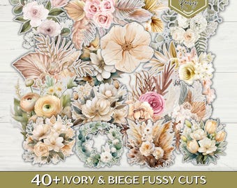 40+ Rustic Creamy Fussy Cuts, Floral Ephemera, White Flowers Fussy Cut, Floral Junk Journal Kit, Beige Floral Journal Kit, Flower Scrapbook