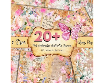 Pink Watercolor Butterfly Journal Papers, Floral Journal Pages, Roses Collage Sheet, Vintage Flower Junk Journal, Printable Pink Roses Paper