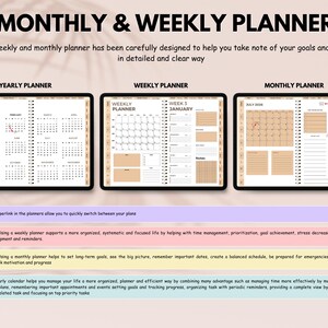 May include: A digital planner with yearly, weekly, and monthly views. The planner includes calendars for 2026, weekly layouts, and monthly overviews. Text at the top reads "MONTHLY & WEEKLY PLANNER". Additional text describes the planner's features.