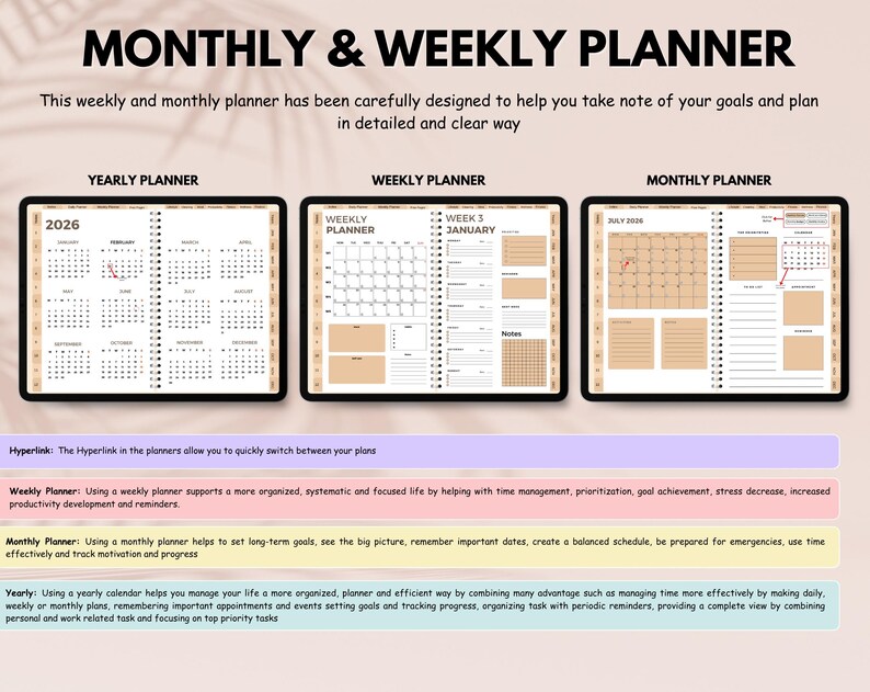 May include: A digital planner with yearly, weekly, and monthly views. The planner includes calendars for 2026, weekly layouts, and monthly overviews. Text at the top reads "MONTHLY & WEEKLY PLANNER". Additional text describes the planner's features.