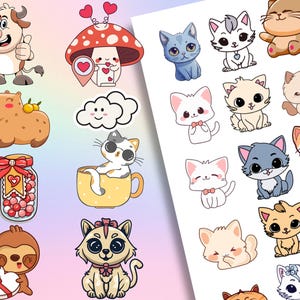 May include: A collection of colorful cartoon stickers featuring various animals and objects. The stickers include a cow, mushroom, cloud, cat in a mug, jar of candy, sloth, and several adorable cat illustrations. The stickers are designed with a cute and playful aesthetic.