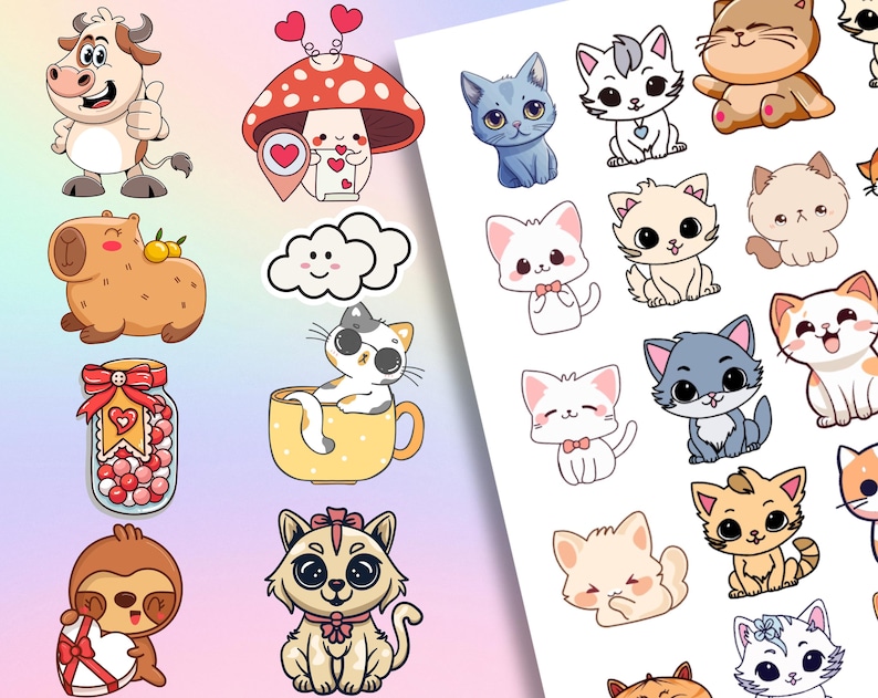 May include: A collection of colorful cartoon stickers featuring various animals and objects. The stickers include a cow, mushroom, cloud, cat in a mug, jar of candy, sloth, and several adorable cat illustrations. The stickers are designed with a cute and playful aesthetic.