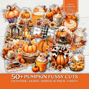 May include: A collection of colorful pumpkin-themed digital cutouts. The image features various pumpkins, cupcakes, and fall-themed drinks. Text includes "50+ PUMPKIN FUSSY CUTS" and "DIGITAL DOWNLOAD". The color palette includes orange, brown, and white.