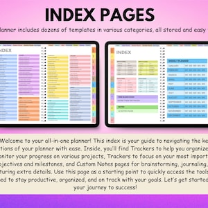 May include: Two digital planner pages with the text "INDEX PAGES" at the top. The left page displays a colorful index, while the right shows a weekly planner. The bottom text reads, "Welcome to your all-in-one planner!"
