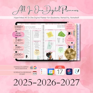 May include: Digital planner with a pink theme, featuring over 1060 pages, 240+ templates, 200+ cover pages, and 2000+ digital stickers. Includes free yearly updates and 5 free themes. Compatible with Goodnotes, Notability, and Noteshelf. The planner covers the years 2025-2027.