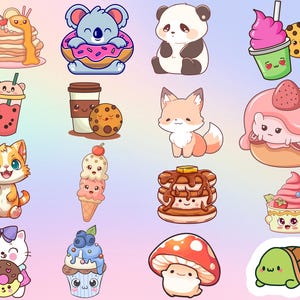 May include: A collection of colorful cartoon illustrations featuring various food items and cute animals. Includes a stack of pancakes, a koala in a donut, a panda, a drink with whipped cream, a fox, a cat, ice cream, a cupcake, and a turtle.