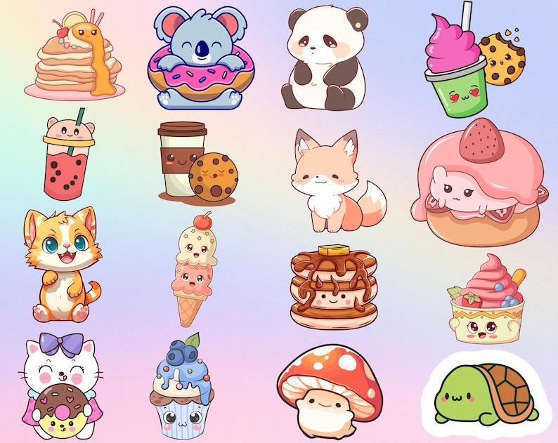 May include: A collection of colorful cartoon illustrations featuring various food items and cute animals. Includes a stack of pancakes, a koala in a donut, a panda, a drink with whipped cream, a fox, a cat, ice cream, a cupcake, and a turtle.
