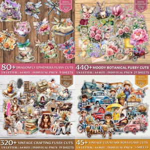 May include: A collage of four digital paper sets featuring fussy cuts. The sets include dragonfly ephemera, moody botanical elements, vintage crafting designs, and vintage country boys. Each set includes multiple sheets and individual PNG files.