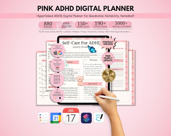 ADHD Digital Planner, Adult ADHD Planner for Productivity, 2026 2027 2028 Goodnotes Ipad Planner, Self Care Planner, ADHD Daily Planner