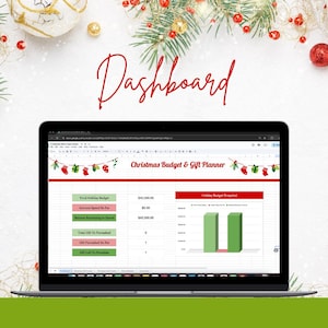 May include: A laptop screen displaying a Christmas budget and gift planner spreadsheet with a green and red holiday theme. The spreadsheet includes a total holiday budget of $45,000.00, an amount spent so far of $0.00, and a balance remaining to spend of $45,000.00. The spreadsheet also includes a bar graph showing holiday budget snapshot.