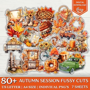 80+ Autumn Fussy Cuts Bundle, Fall Season Fussy Cuts, Printable Autumn Fussy Cuts, Pumpkins, Leaves, Fall Scrapbook Supplies, Fall Fussy Cut