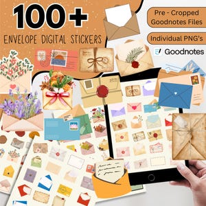 Más de 100 pegatinas digitales para sobres, pegatinas de Goodnotes, pegatinas digitales recortadas previamente, correo y cartas, sobres vintage, pegatinas para sobres PNG