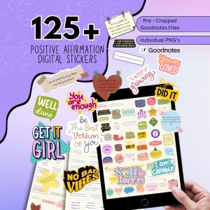 May include: A collection of 125+ digital stickers with positive affirmations. The stickers are in various shapes and colors, with phrases like "You are enough," "Get it Girl," and "Self Love." The image also includes the text "Positive Affirmation Digital Stickers."