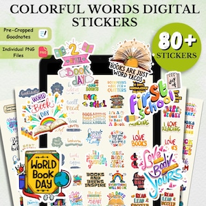 80 + Bookish Word Digital Stickers Pack, Bookworm Digital Stickers, Book Sublimation Bundle, Book Lover Clipart, Reading Goodnotes PNG