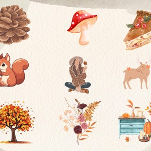 Puede incluir: Ilustraciones en acuarela con tem&aacute;tica oto&ntilde;al. Incluye una pi&ntilde;a, una seta, una porci&oacute;n de tarta, una ardilla, una persona, un ciervo, un &aacute;rbol, un arreglo floral y una peque&ntilde;a mesa con calabazas y velas. Paleta de colores c&aacute;lidos.