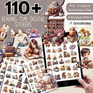 110+ adesivi digitali per il tempo di lettura, adesivi ispiratori per i topi di biblioteca, adesivi Goodnotes per gli amanti dei libri, clipart di libri, adesivi per la lettura PNG