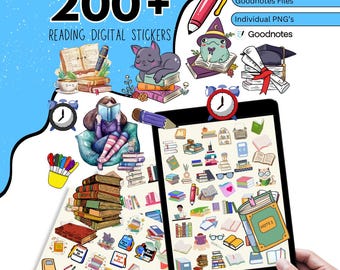 Oltre 200 adesivi digitali per la lettura, adesivi digitali per amanti dei libri, adesivi PNG per la lettura, adesivi per topi di biblioteca, adesivi per appassionati di libri, clipart di libri in formato PNG