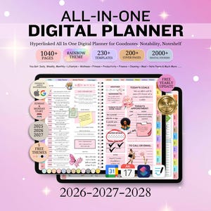 May include: A digital planner with a rainbow theme, featuring over 1040 pages, 230+ templates, 200+ cover pages, and 2000+ digital stickers. The planner includes sections for daily, weekly, and monthly planning, with a focus on lifestyle, wellness, and productivity. The years 2026-2028 are included.