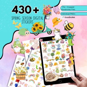 Pode incluir: Imagem de arte digital com adesivos com tema de primavera. A imagem inclui adesivos coloridos de flores, borboletas, abelhas e gnomos de jardim. O texto diz "430+ Spring Season Digital Stickers".