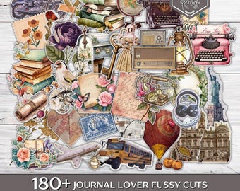 Op de afbeelding: Een verzameling digitale stickers met een vintage thema, met illustraties van boeken, typemachines, bloemen, een wereldbol en andere items. De tekst "180+ JOURNAL LOVER FUSSY CUTS" is zichtbaar. Perfect voor journaling en knutselprojecten.