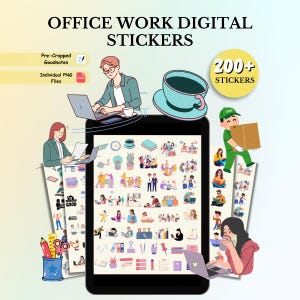 Pode incluir: Autocolantes digitais para trabalho de escritório, com ilustrações de pessoas a trabalhar, material de escritório e muito mais. A imagem inclui o texto "OFFICE WORK DIGITAL STICKERS" e "200+ STICKERS". Disponíveis como arquivos Goodnotes pré-cortados e PNG individuais.