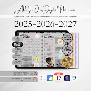 May include: A digital planner for 2025-2027, shown on a tablet. The planner has a black theme, 1060+ pages, 240+ templates, and 200+ cover pages. Includes digital stickers, free yearly updates, and Google and Apple integration.