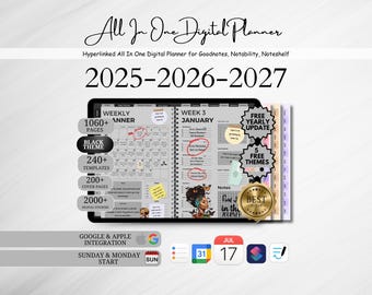 All in One Digital Planner 2027 - 2029, Dark Theme Hyperlink Digital Planner, Goodnotes Planner, Daily Weekly Monthly Journal, Ipad Planner
