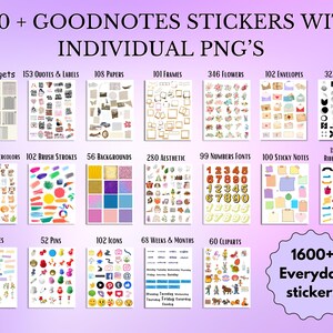 Puede incluir: Un conjunto de pegatinas digitales con m&aacute;s de 2000 pegatinas Goodnotes, que incluyen widgets, citas, papeles, marcos, flores, sobres y elementos. El conjunto tambi&eacute;n incluye acuarelas, pinceladas, fondos, elementos est&eacute;ticos, fuentes num&eacute;ricas y notas adhesivas.