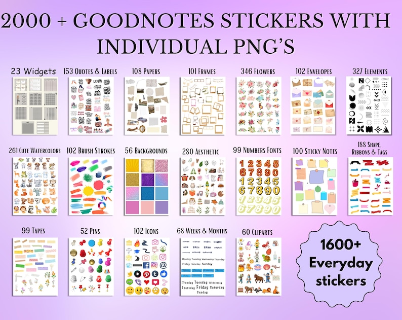Puede incluir: Un conjunto de pegatinas digitales con m&aacute;s de 2000 pegatinas Goodnotes, que incluyen widgets, citas, papeles, marcos, flores, sobres y elementos. El conjunto tambi&eacute;n incluye acuarelas, pinceladas, fondos, elementos est&eacute;ticos, fuentes num&eacute;ricas y notas adhesivas.