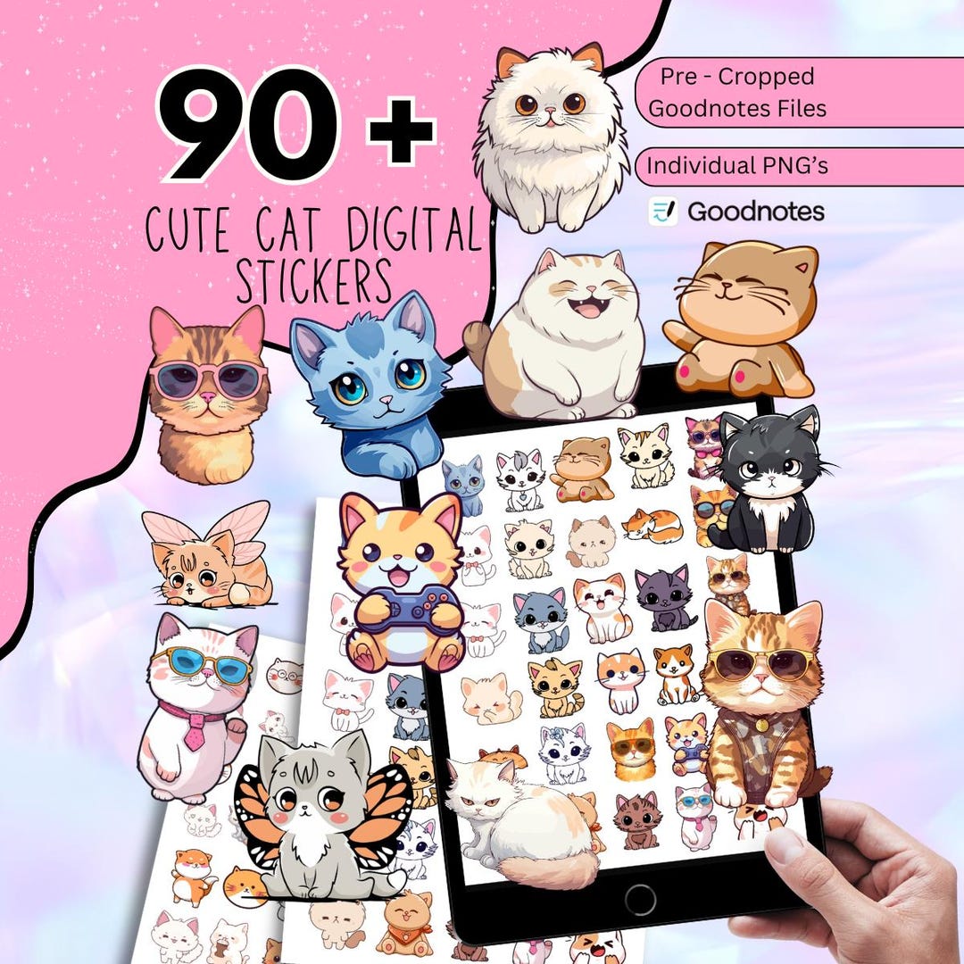 100 + Cute Cat Digital Stickers, Goodnotes Sticker, Cat Lover Stickers ...