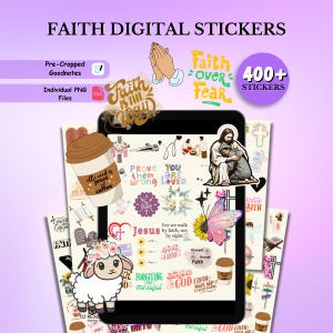 Puede incluir: Pegatinas digitales con temas religiosos. La imagen presenta una tableta que muestra varias pegatinas con frases como "La fe es el camino" y "Fe sobre el miedo". Incluye imágenes de un cordero, una taza de café y Jesús.
