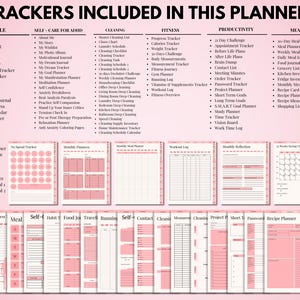 May include: A pink planner with various tracker categories, including lifestyle, self-care, cleaning, fitness, productivity, and meal planning. The planner includes sections for doctor visits, mood tracking, and fitness goals. The text "TRACKERS INCLUDED IN THIS PLANNER" is at the top.