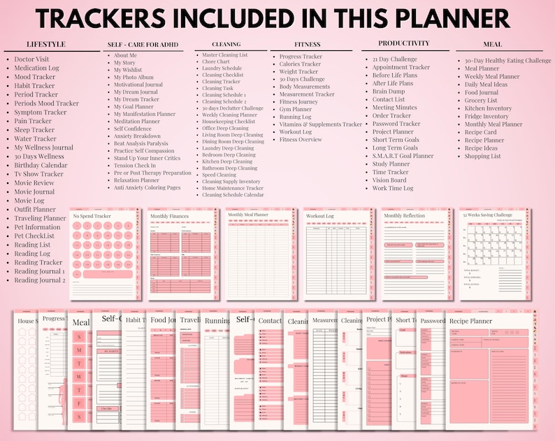 May include: A pink planner with various tracker categories, including lifestyle, self-care, cleaning, fitness, productivity, and meal planning. The planner includes sections for doctor visits, mood tracking, and fitness goals. The text "TRACKERS INCLUDED IN THIS PLANNER" is at the top.