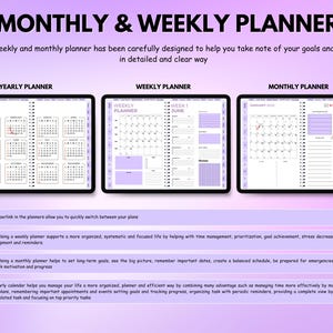 Puede incluir: Un planificador digital con dise&ntilde;o morado y blanco, con vistas anuales, semanales y mensuales. El planificador incluye calendarios y secciones de notas, con el texto "MONTHLY & WEEKLY PLANNER". Est&aacute; dise&ntilde;ado para organizar metas y planes.