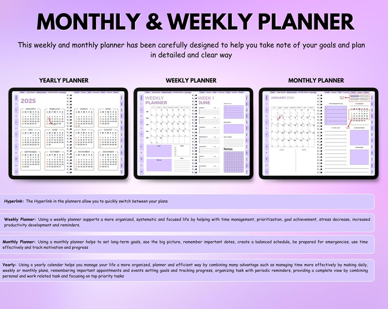 Puede incluir: Un planificador digital con dise&ntilde;o morado y blanco, con vistas anuales, semanales y mensuales. El planificador incluye calendarios y secciones de notas, con el texto "MONTHLY & WEEKLY PLANNER". Est&aacute; dise&ntilde;ado para organizar metas y planes.