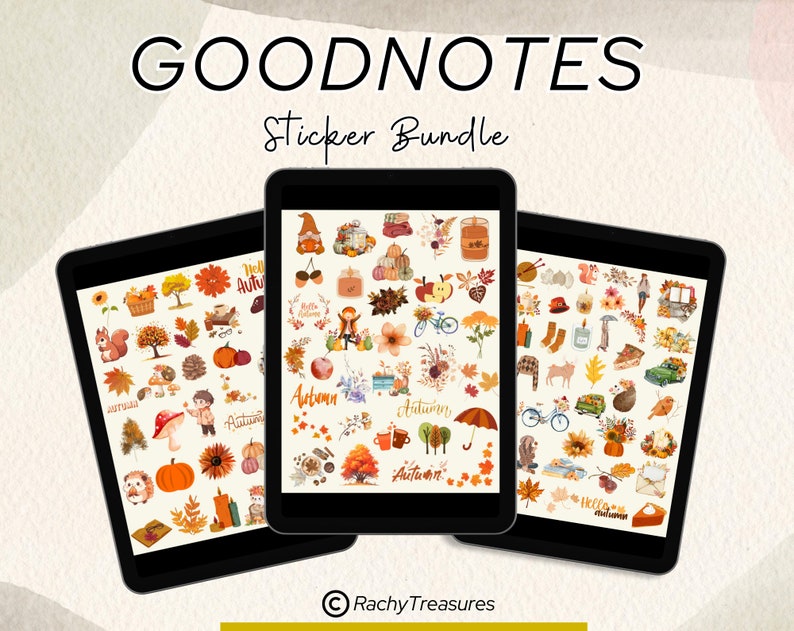 Puede incluir: Tres tabletas digitales que muestran un "GoodNotes Sticker Bundle" con ilustraciones con tem&aacute;tica oto&ntilde;al. Las pegatinas incluyen calabazas, hojas, ardillas y otros gr&aacute;ficos relacionados con el oto&ntilde;o. Tambi&eacute;n se ve el texto "Autumn" y "Hello Autumn".