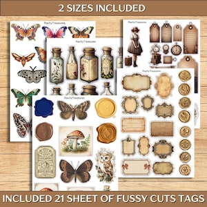 May include: A collection of vintage-style fussy cut tags and stickers. The image includes butterflies, bottles, labels, and an owl. The text on the image reads "2 SIZES INCLUDED" and "INCLUDED 21 SHEET OF FUSSY CUTS TAGS".