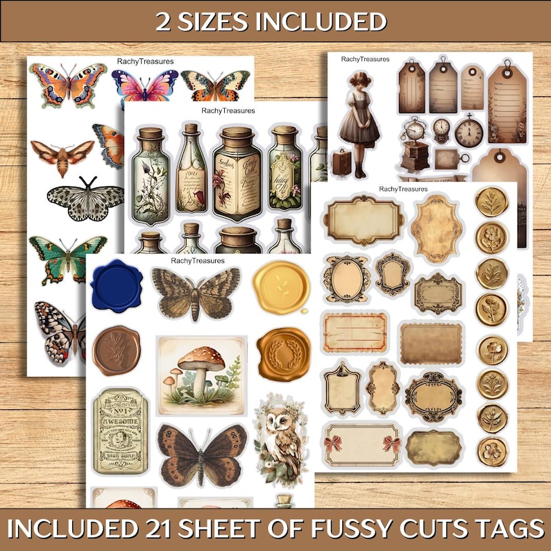 May include: A collection of vintage-style fussy cut tags and stickers. The image includes butterflies, bottles, labels, and an owl. The text on the image reads "2 SIZES INCLUDED" and "INCLUDED 21 SHEET OF FUSSY CUTS TAGS".