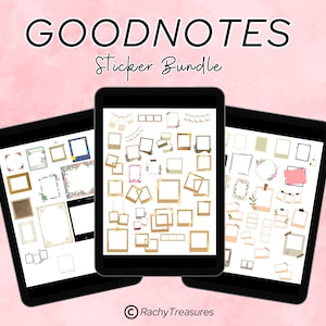 May include: Three black tablets showcasing digital sticker bundles for GoodNotes. The stickers feature diverse frames, polaroid-style images, and decorative elements. The background is a soft pink watercolour wash. Text on the image reads "GoodNotes Sticker Bundle" and "RachyTreasures".
