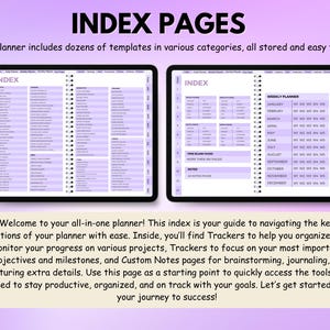 Peut inclure: Deux agendas num&eacute;riques affichant des pages d'index. Le texte sup&eacute;rieur indique "INDEX PAGES". Les agendas montrent un index d&eacute;taill&eacute; et des pages de planification hebdomadaire. Le texte inf&eacute;rieur dit "Bienvenue dans votre agenda tout-en-un!"