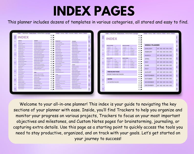 Peut inclure: Deux agendas num&eacute;riques affichant des pages d'index. Le texte sup&eacute;rieur indique "INDEX PAGES". Les agendas montrent un index d&eacute;taill&eacute; et des pages de planification hebdomadaire. Le texte inf&eacute;rieur dit "Bienvenue dans votre agenda tout-en-un!"